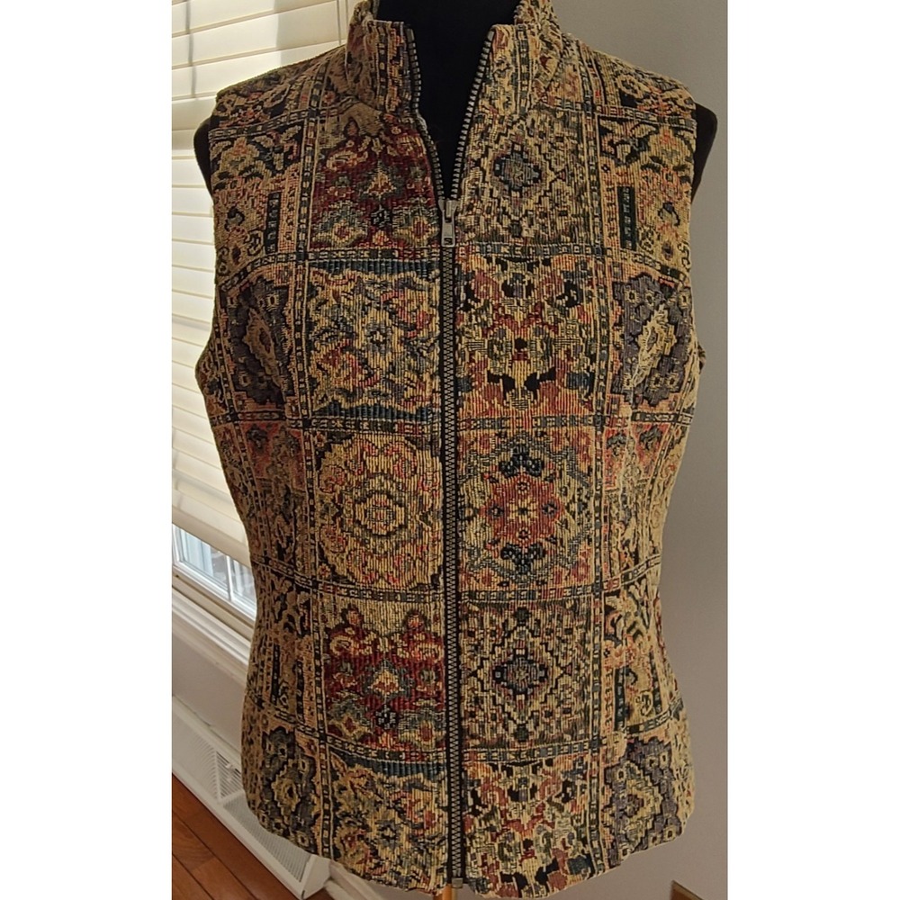 Vtg 90s Orvis Womens Tapestry Vest Zip-Up Textured Brown Multicolor Lined Med